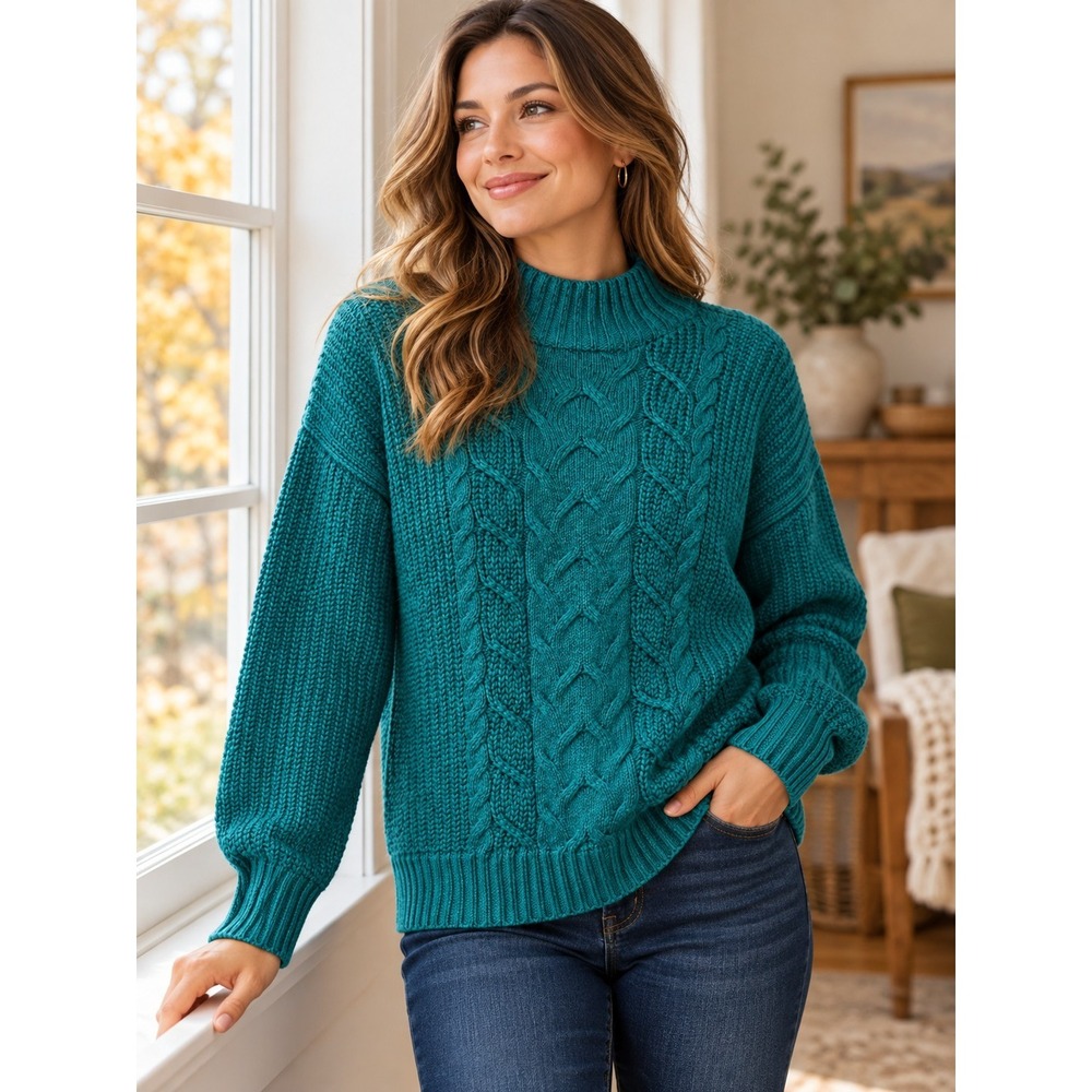 Maurice's Emerald Green Chunky Cable Knit Sweater Womens Medium Mock Neck Cozy